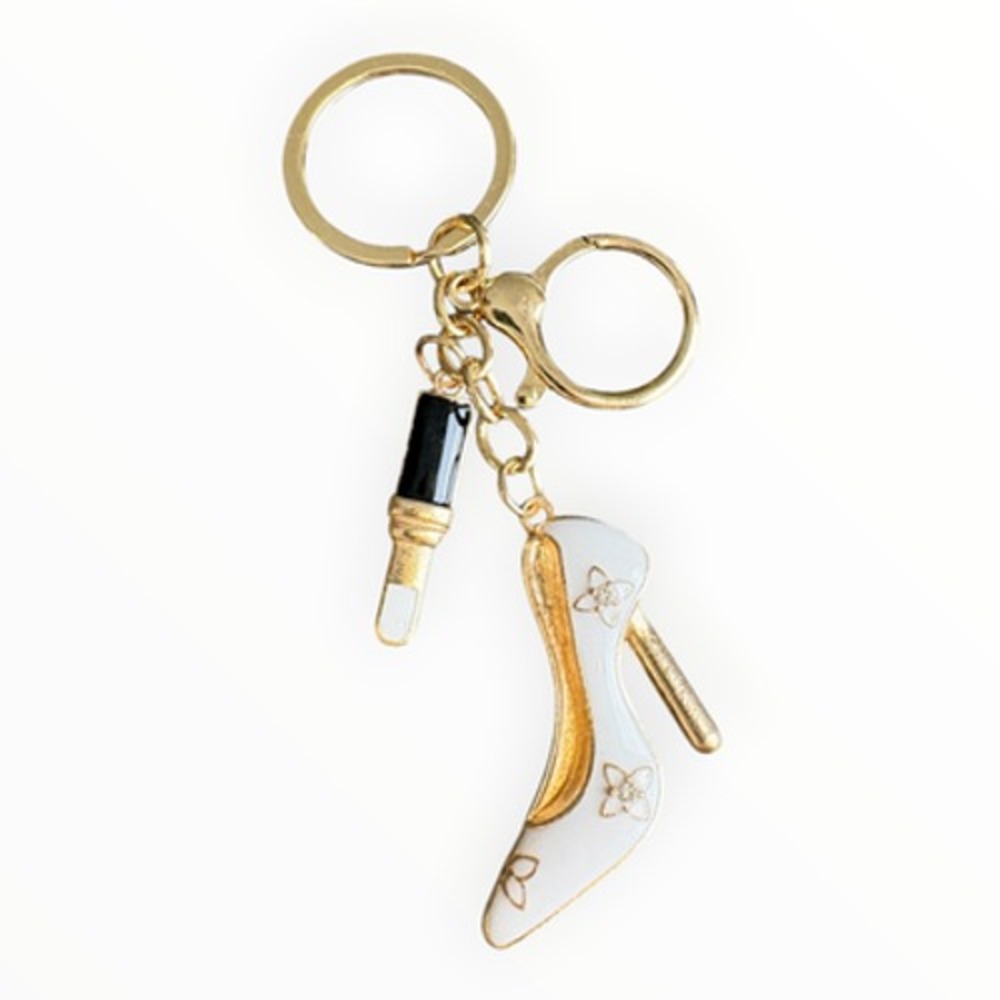 Women's Gold Tone White High Heel Shoe Lipstick Charm Key Chain 4" Rhinestone